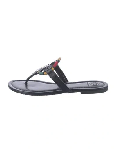 Pre-owned Tory Burch Leather Cutout Accent Flip Flops In Black