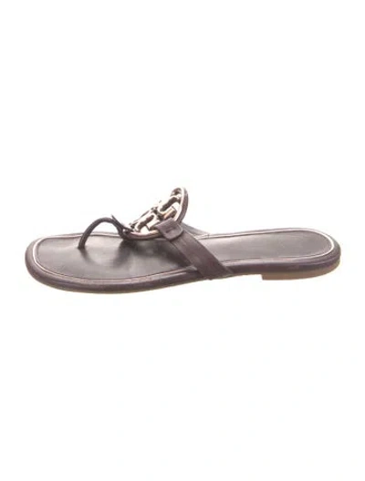Pre-owned Tory Burch Leather Cutout Accent Slides In Brown