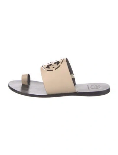 Pre-owned Tory Burch Leather Cutout Accent Slides In Neutrals