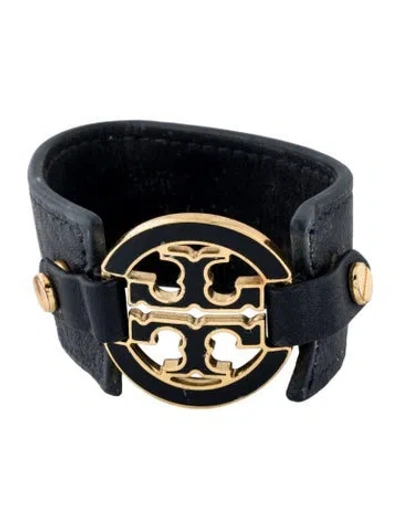 Pre-owned Tory Burch Leather Double Snap Logo Cuff Bracelet, 6" In Blue