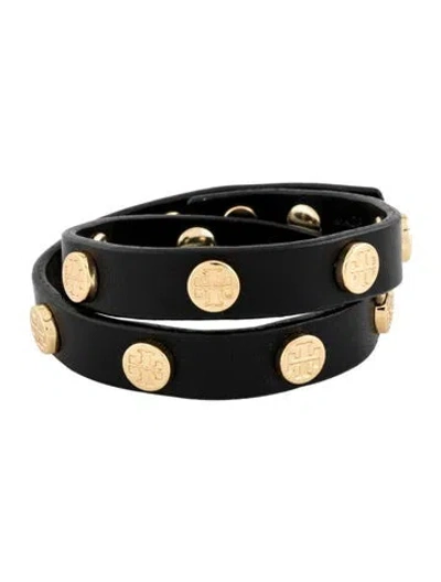 Pre-owned Tory Burch Leather Double Studded Bracelet In Black