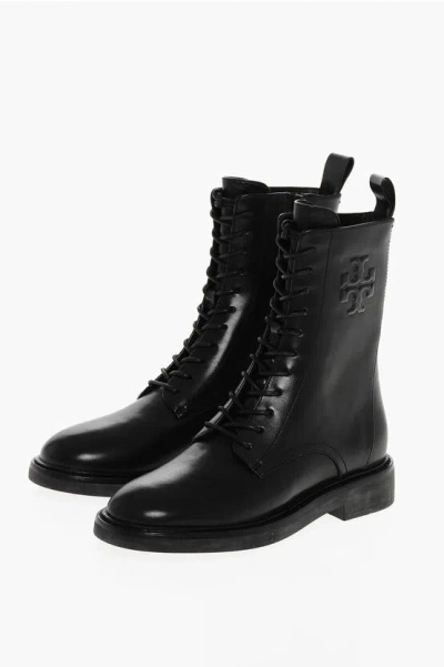 TORY BURCH LEATHER DOUBLE-T COMBAT BOOTIES WITH INNER ZIP