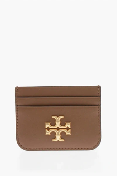 Tory Burch Leather Eleanor Card Holder With Logo In Brown
