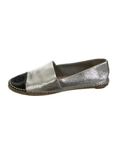 Pre-owned Tory Burch Leather Embroidered Accent Espadrilles In Silver
