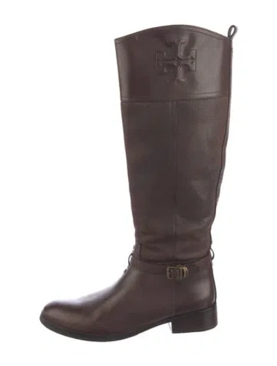 Pre-owned Tory Burch Leather Embroidered Accent Riding Boots In Brown