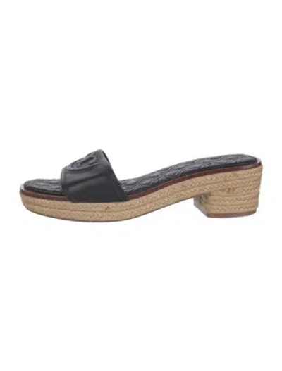 Pre-owned Tory Burch Leather Embroidered Accent Slides In Black