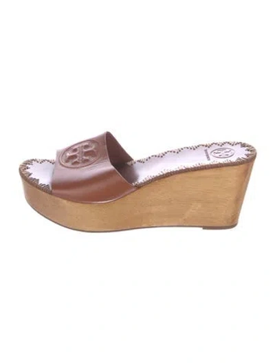 Pre-owned Tory Burch Leather Embroidered Accent Slides In Brown
