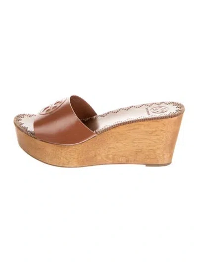 Pre-owned Tory Burch Leather Embroidered Accent Slides In Brown