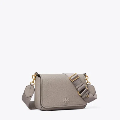 Tory Burch Leather Flap Crossbody In Gray Heron