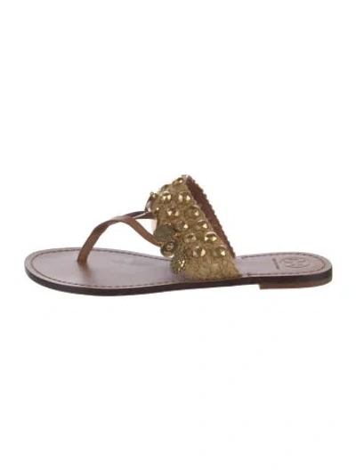 Pre-owned Tory Burch Leather Flip Flops In Brown/gold