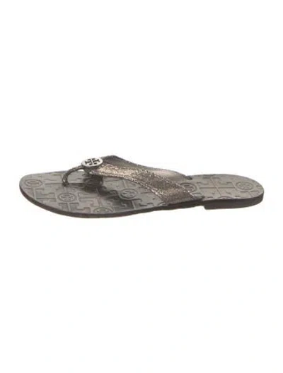 Pre-owned Tory Burch Leather Flip Flops In Gray