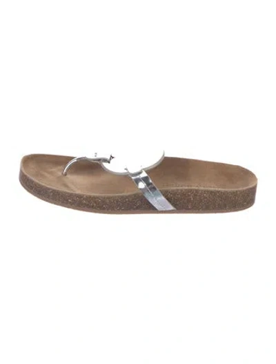 Pre-owned Tory Burch Leather Flip Flops In Silver