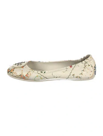 Pre-owned Tory Burch Leather Floral Print Ballet Flats In White