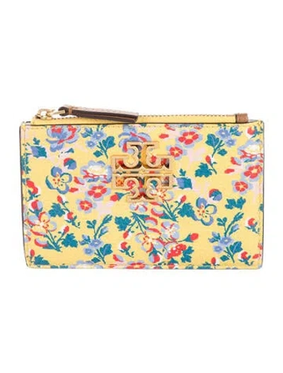 Pre-owned Tory Burch Leather Floral Print Card Holder In Yellow