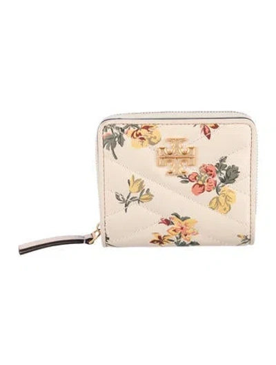 Pre-owned Tory Burch Leather Floral Print Compact Wallet In Neutrals