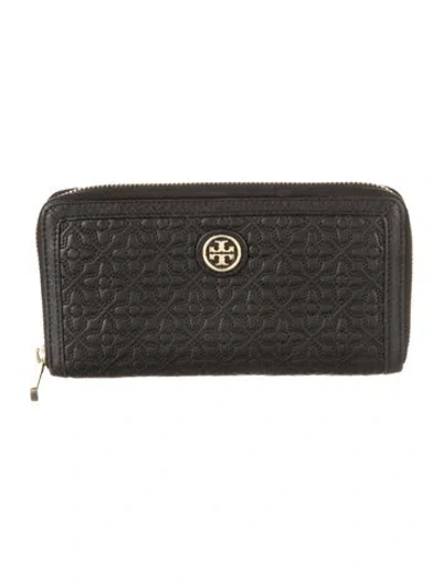 Pre-owned Tory Burch Leather Floral Print Continental Wallet In Black