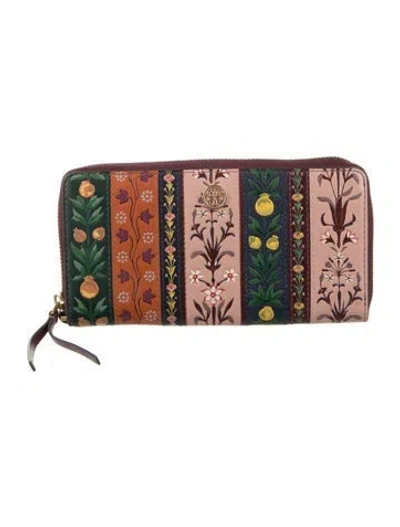 Pre-owned Tory Burch Leather Floral Print Continental Wallet In Burgundy