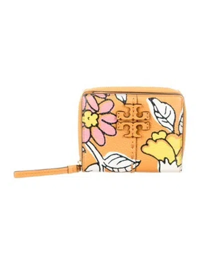 Pre-owned Tory Burch Leather Floral Print Continental Wallet W/ Tags In Orange