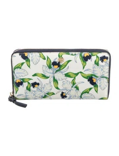 Pre-owned Tory Burch Leather Floral Print Continental Wallet In White