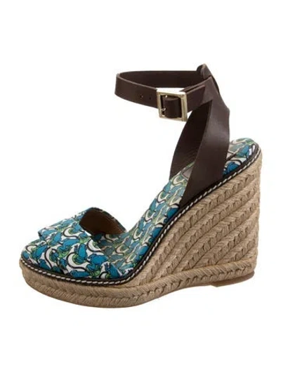 Pre-owned Tory Burch Leather Floral Print Espadrilles In Blue