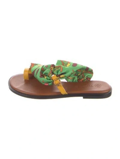 Pre-owned Tory Burch Leather Floral Print Flip Flops In Green
