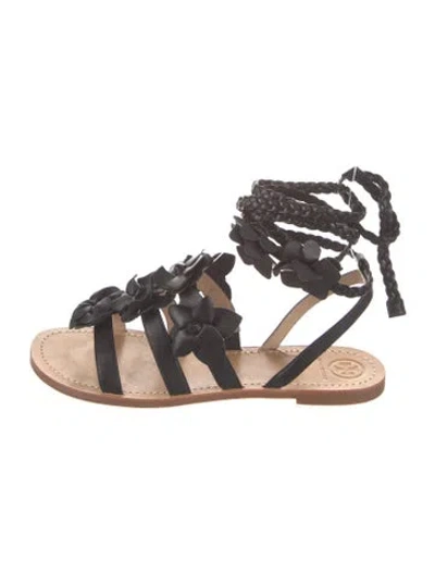 Pre-owned Tory Burch Leather Floral Print Gladiator Sandals In Black
