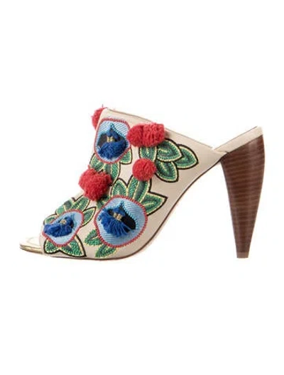 Pre-owned Tory Burch Leather Floral Print Mules In Green