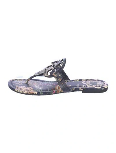 Pre-owned Tory Burch Leather Floral Print Slides In Blue