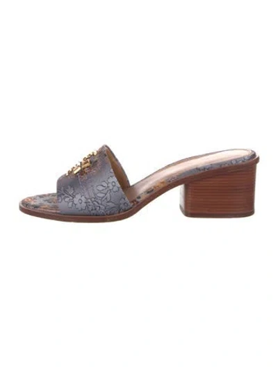 Pre-owned Tory Burch Leather Floral Print Slides In Brown