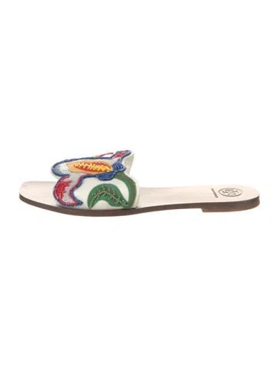 Pre-owned Tory Burch Leather Floral Print Slides In Multi