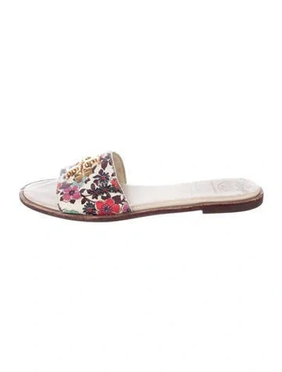 Pre-owned Tory Burch Leather Floral Print Slides In Multicolor