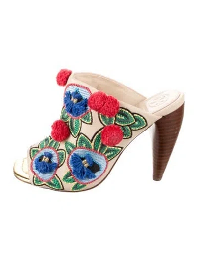 Pre-owned Tory Burch Leather Floral Print Slides In Neutral