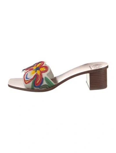 Pre-owned Tory Burch Leather Floral Print Slides In Neutral