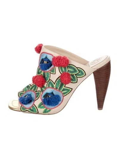 Pre-owned Tory Burch Leather Floral Print Slides In Neutral