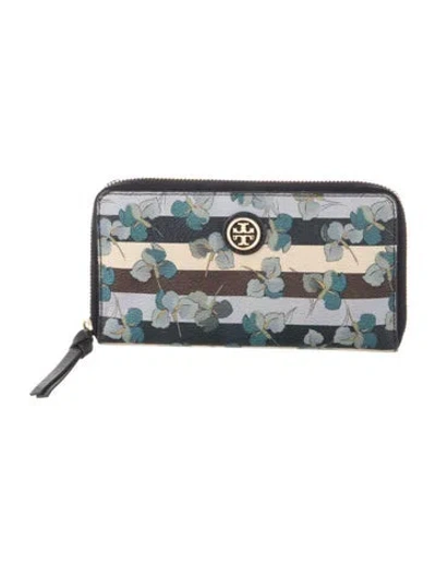 Pre-owned Tory Burch Leather Floral Print Wristlet In Blue