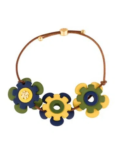 Pre-owned Tory Burch Leather Flower Adjustable Bracelet, 9.25" In Multi