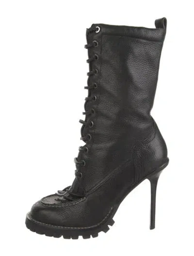 Pre-owned Tory Burch Leather Fringe Trim Accent Lace-up Boots In Black