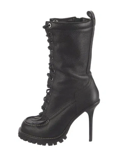 Pre-owned Tory Burch Leather Fringe Trim Accent Lace-up Boots In Black