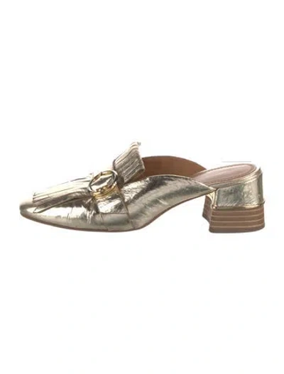 Pre-owned Tory Burch Leather Fringe Trim Accent Mules In Gold