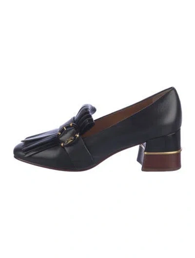 Pre-owned Tory Burch Leather Fringe Trim Accent Pumps In Blue