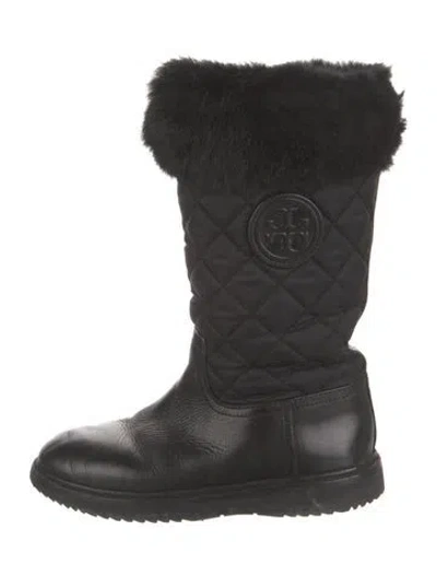 Pre-owned Tory Burch Leather Fur Trim Boots In Black