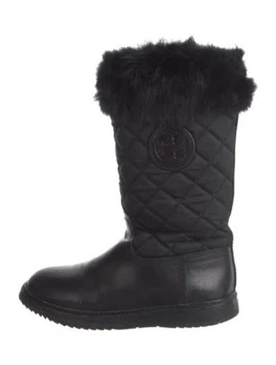 Pre-owned Tory Burch Leather Fur Trim Boots In Black