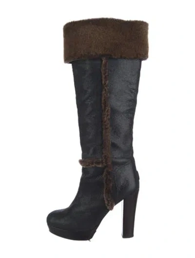 Pre-owned Tory Burch Leather Fur Trim Boots In Blue