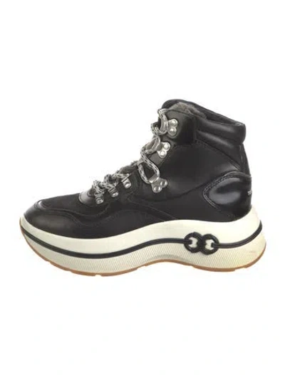 Pre-owned Tory Burch Leather Fur Trim Hiking Boots In Black