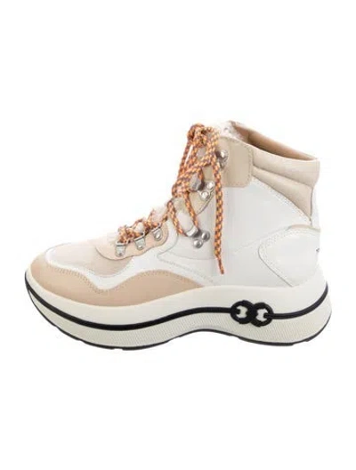 Pre-owned Tory Burch Leather Fur Trim Hiking Boots In Neutrals