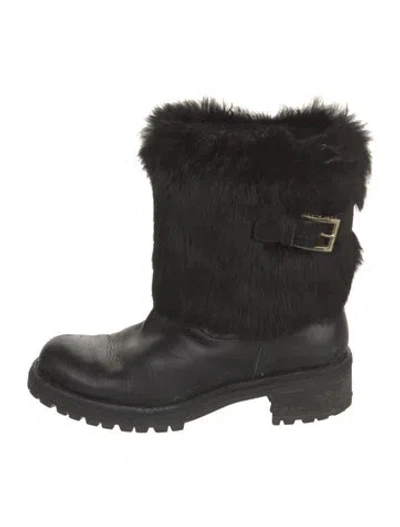 Pre-owned Tory Burch Leather Fur Trim Moto Boots In Black