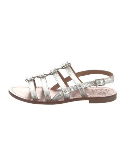 Pre-owned Tory Burch Leather Gladiator Sandals In Metallic/silver