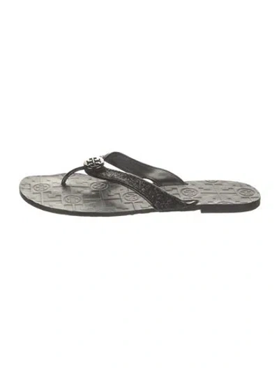 Pre-owned Tory Burch Leather Glitter Accents Flip Flops In Black