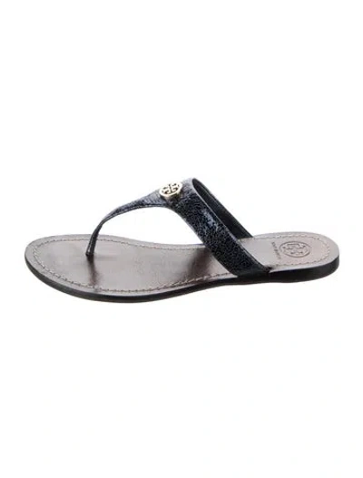 Pre-owned Tory Burch Leather Glitter Accents Flip Flops In Blue/brown