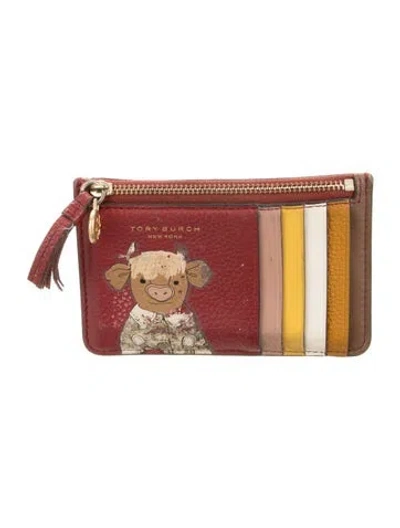 Pre-owned Tory Burch Leather Graphic Print Card Holder In Red
